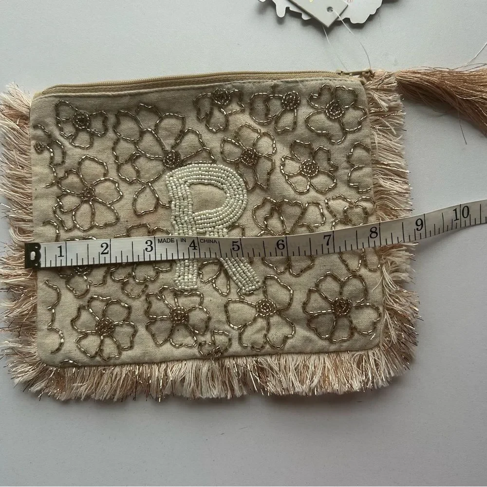 Elegant Floral Beige Clutch with Fringe Anthropologie